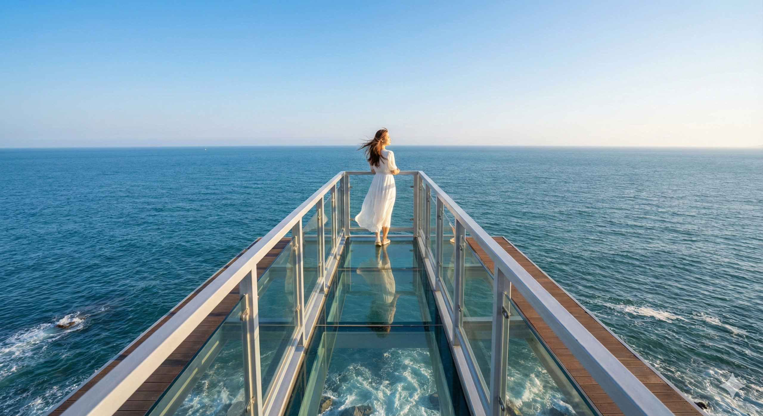 걷기 운동 중에 청사포 다릿돌 전망대에서 바다를 바라보며 휴식하는 지적인 여성.