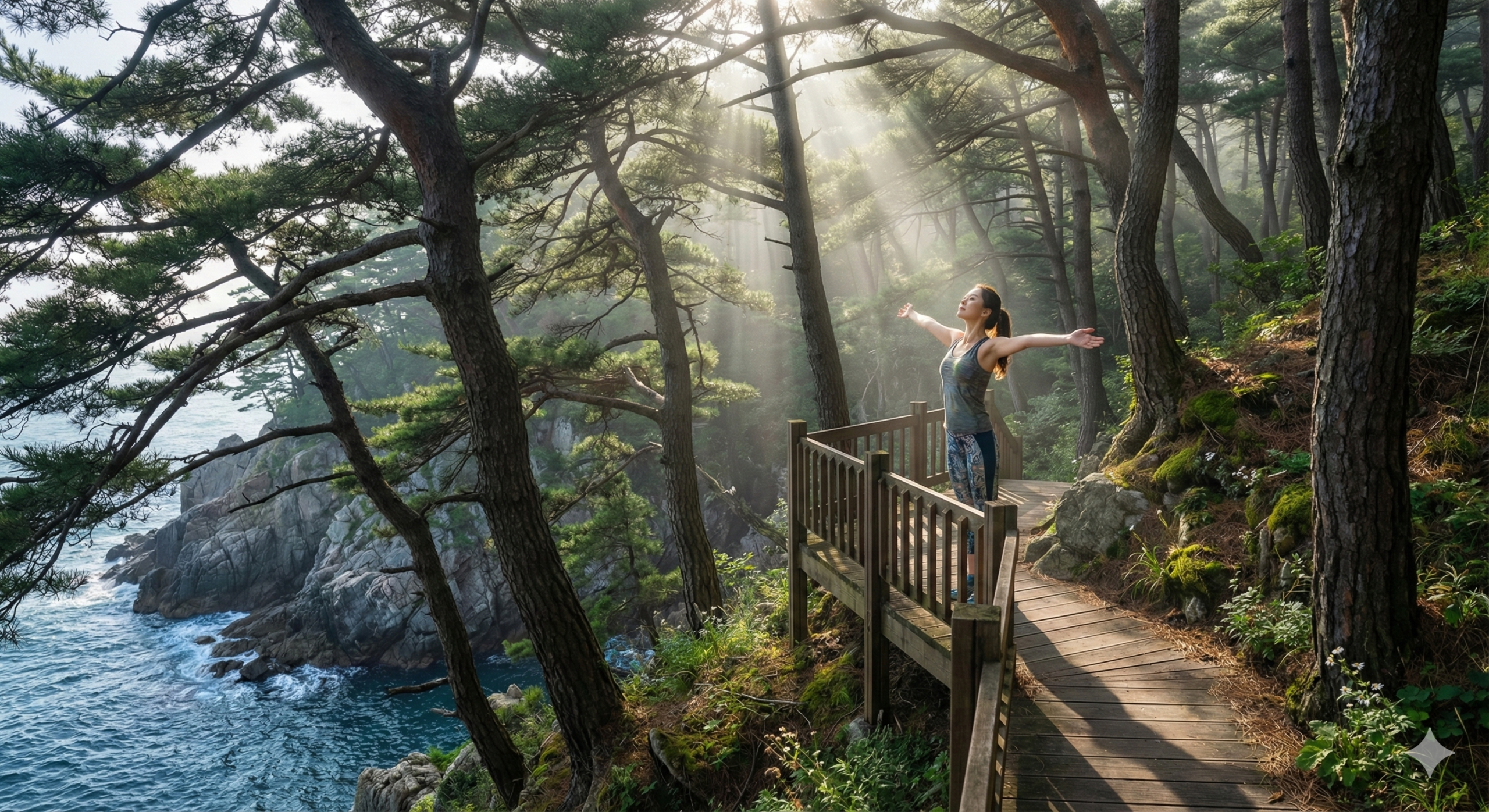 울창한 해송 숲 산책로에서 아침 햇살을 받으며 스트레칭 하는 여성의 모습