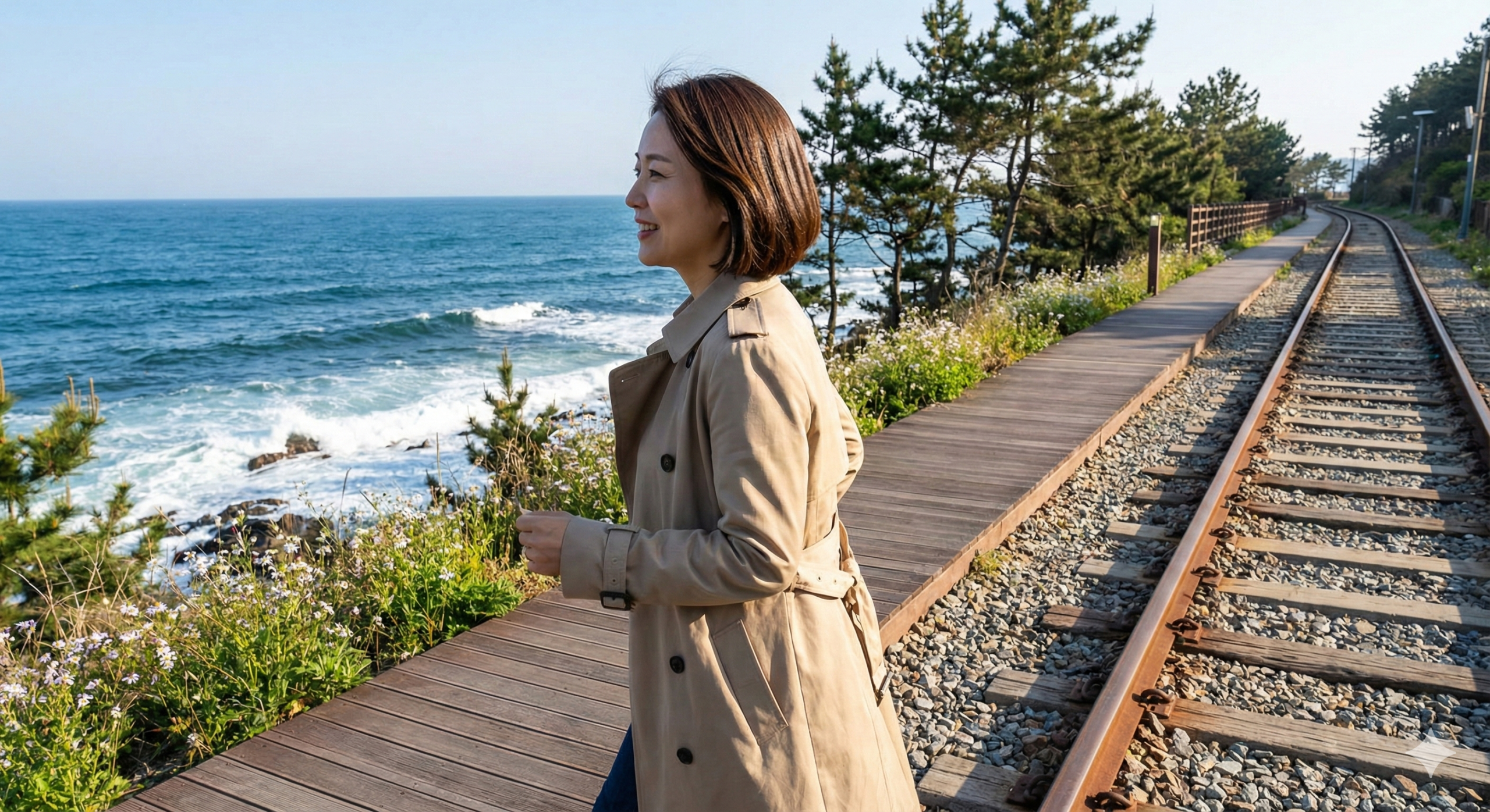 청사포 해안 철길 산책로를 경쾌하게 걷는 지적인 중년 여성의 모습