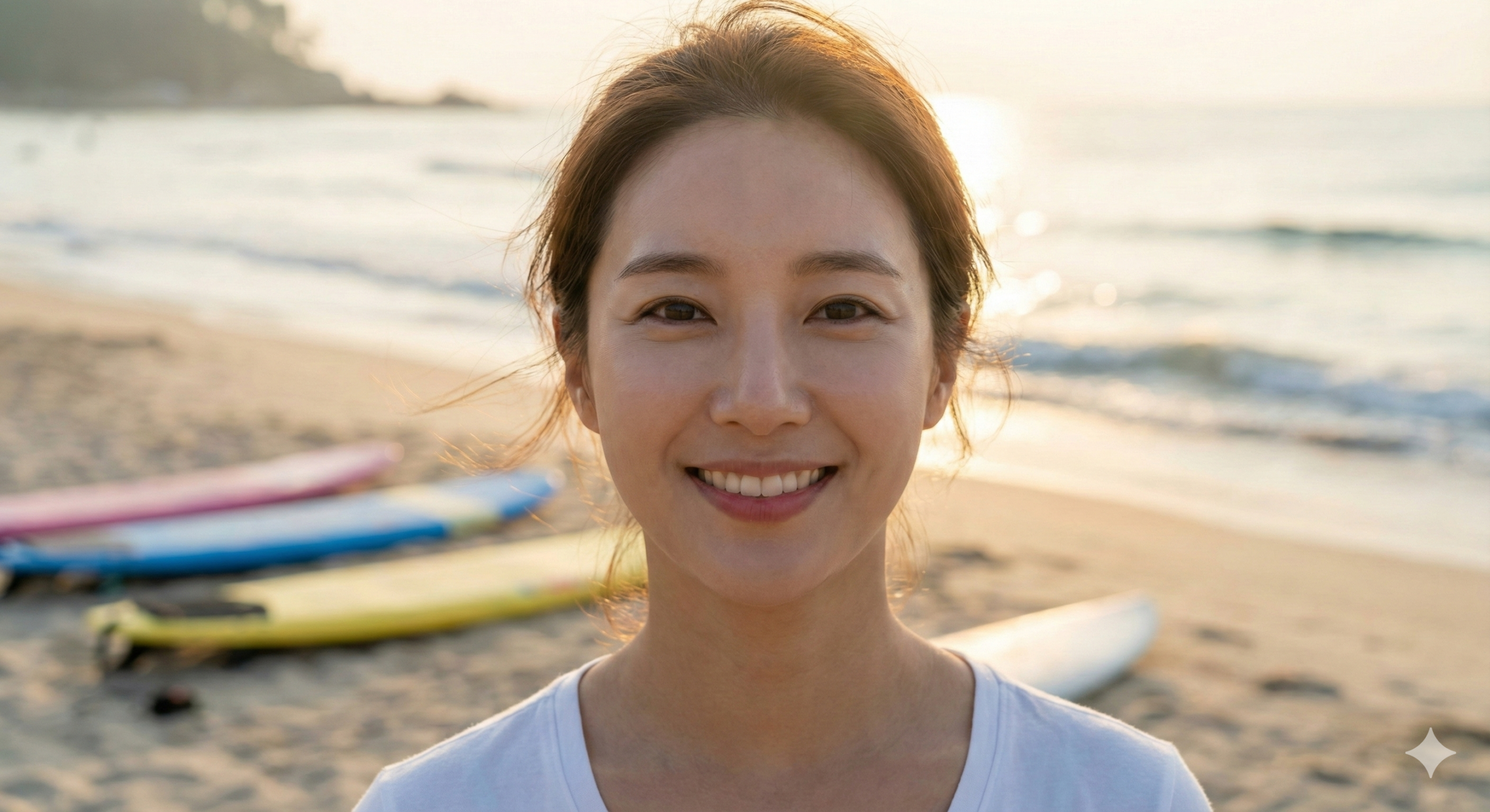 새벽 걷기를 마치고 송정 해변에서 밝게 미소 짓는 지적인 여성.