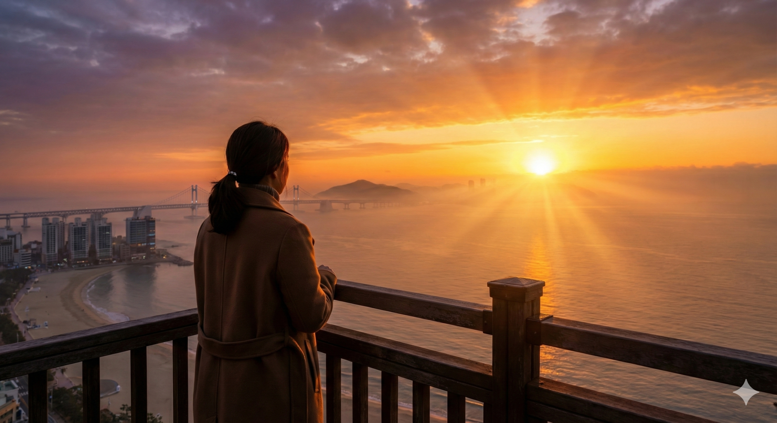 해운대 미포 전망대에서 일출을 바라보며 새벽 걷기를 준비하는 지적인 여성의 모습