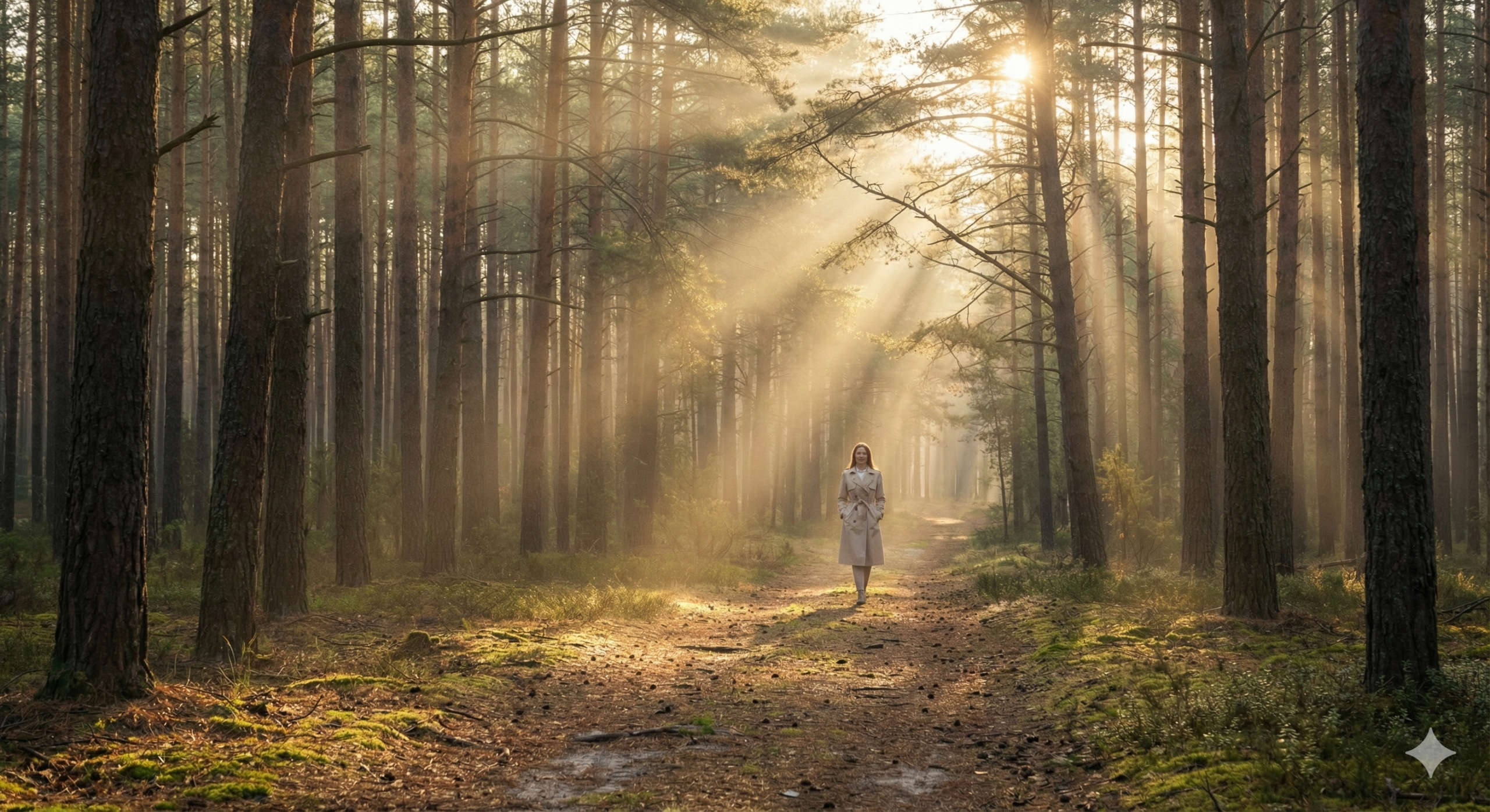 햇살이 쏟아지는 평화로운 숲 길 산책로와 걷기 운동의 여유