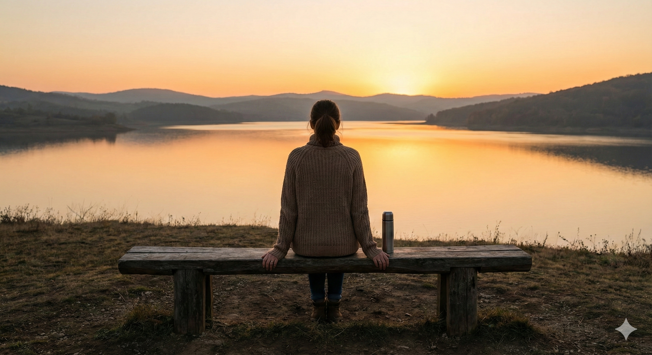 혈압 안정을 위하여 걷기 운동 후 평화로운 일출을 바라보며 마음의 안정을 찾는 중년 여성