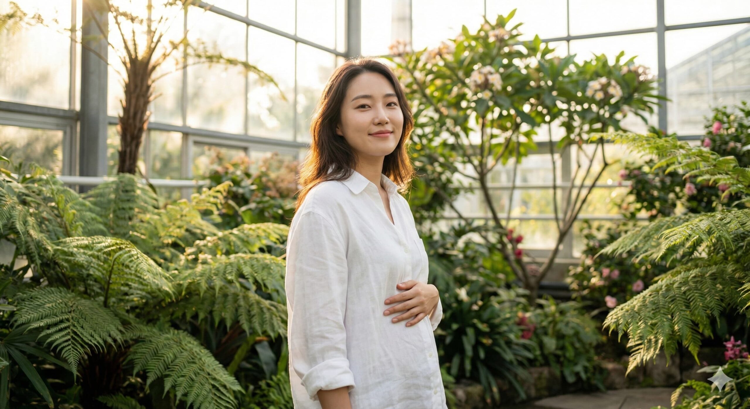 햇살 가득한 현대적 정원에서 복부에 손을 얹고 건강하게 미소 짓는 여성, 유산균으로 장 건강과 활력의 상징.