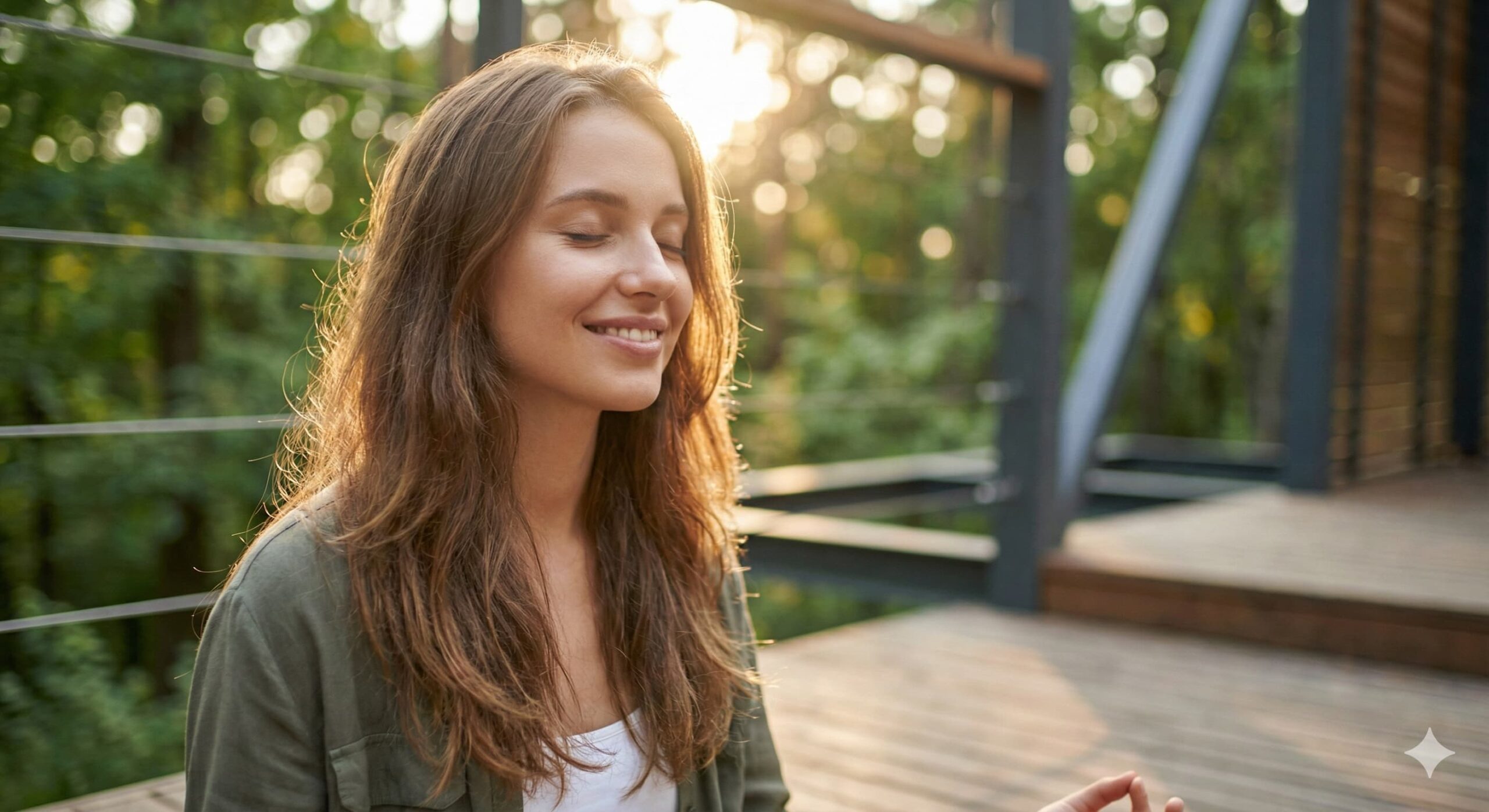 숲 속 테라스에서 평온하게 눈을 감고 힐링하는 여성, 장 건강과 정서적 안정의 연결.