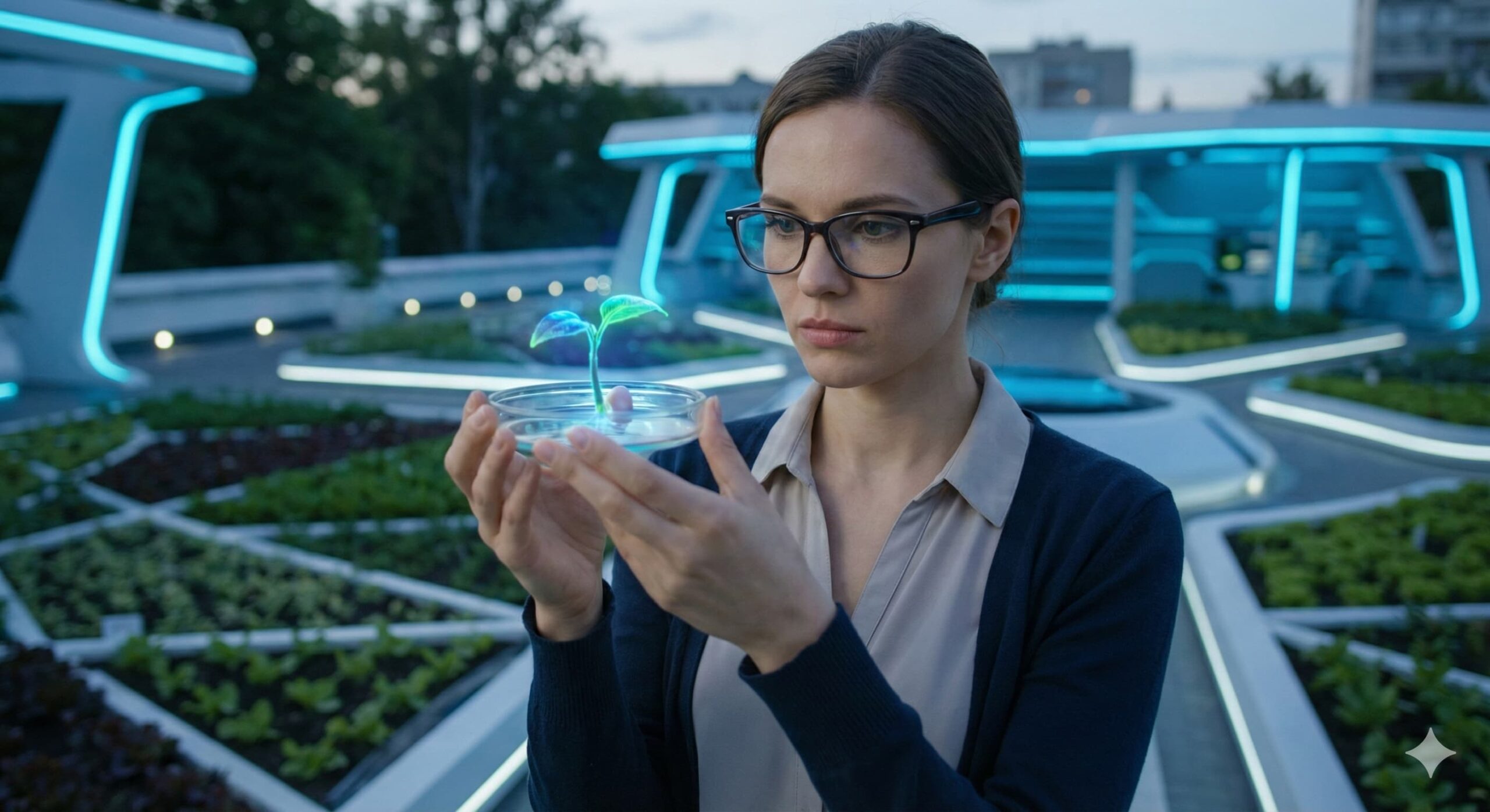 미래지향적 정원에서 빛나는 식물 표본을 꼼꼼히 관찰하는 지적인 여성, 올바른 유산균 선택과 분석.