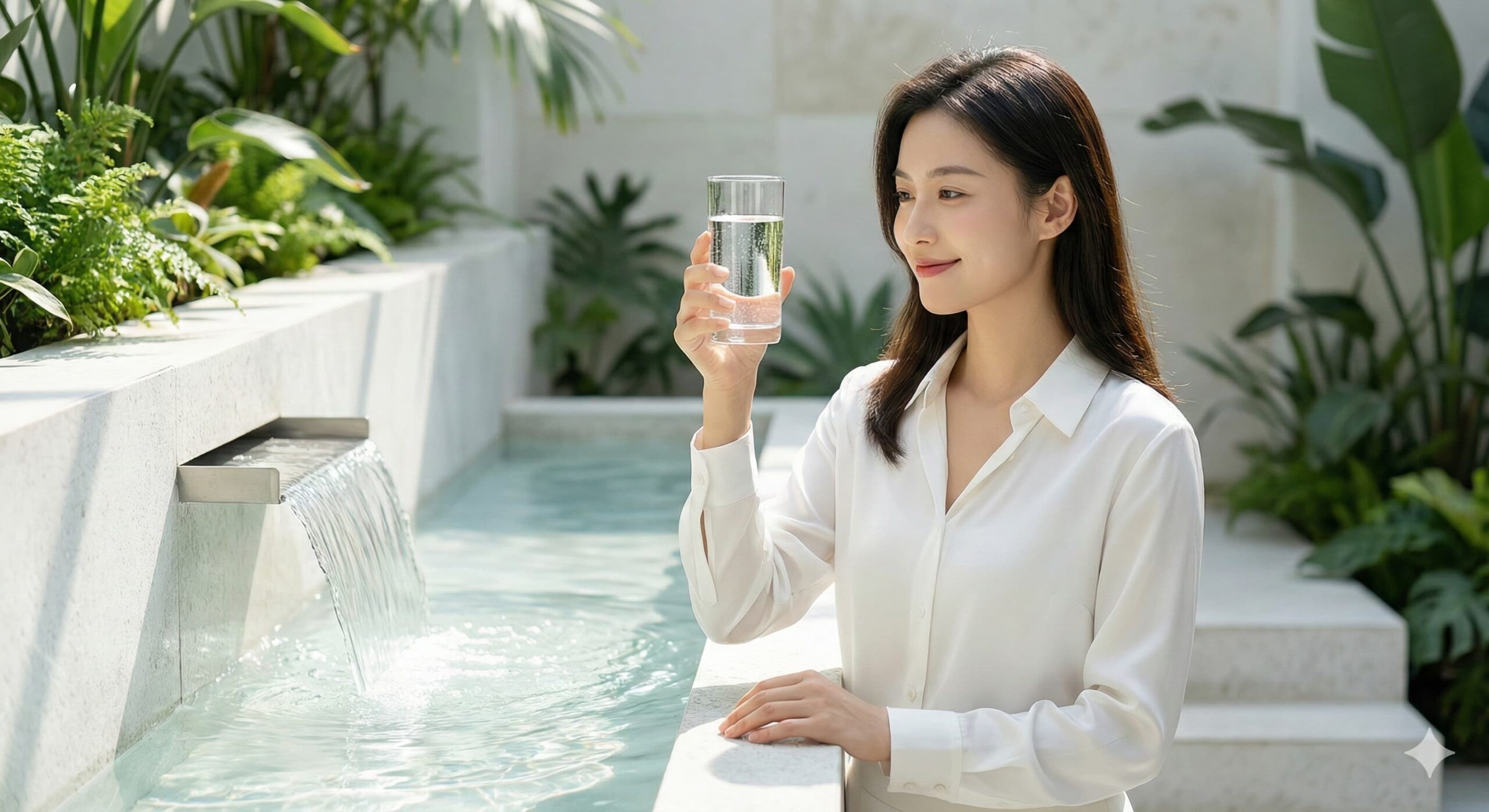 맑은 물이 흐르는 곳에서 깨끗한 물 한 잔을 든 여성, 화학 첨가물 없는 순수한 유산균의 이미지.