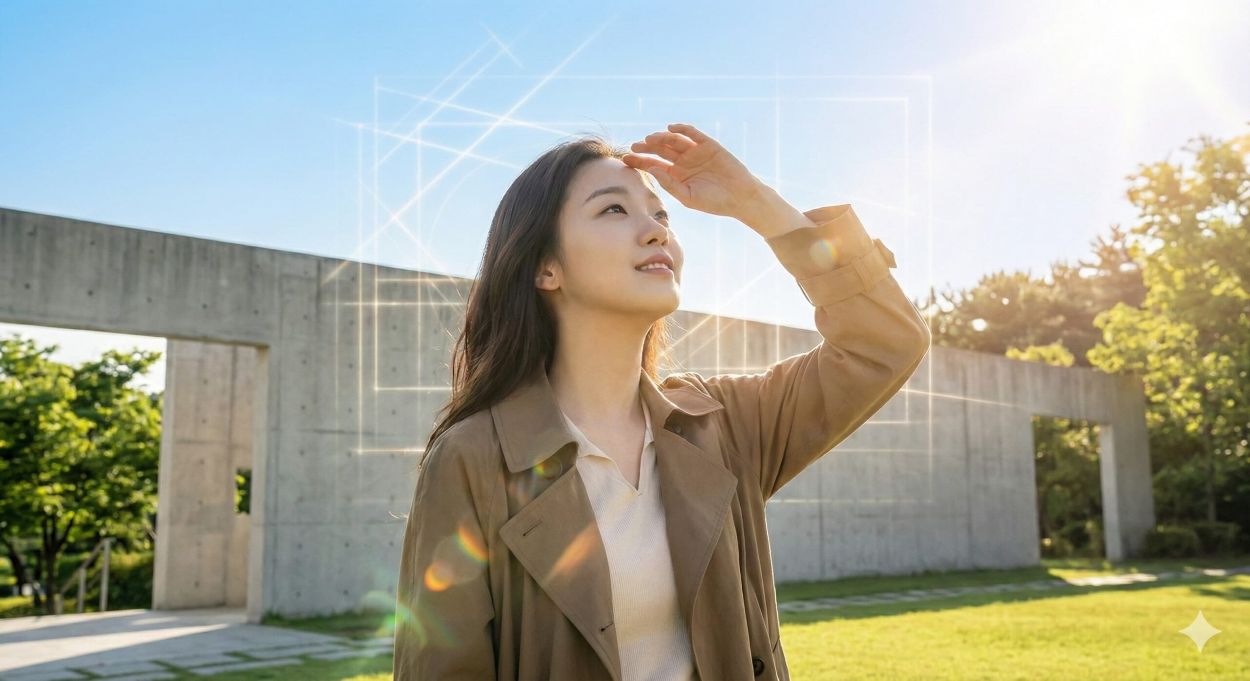 따스한 햇살을 온몸으로 받으며 건강을 채우는 여성, 비타민 D가 만드는 면역 설계도를 상징.