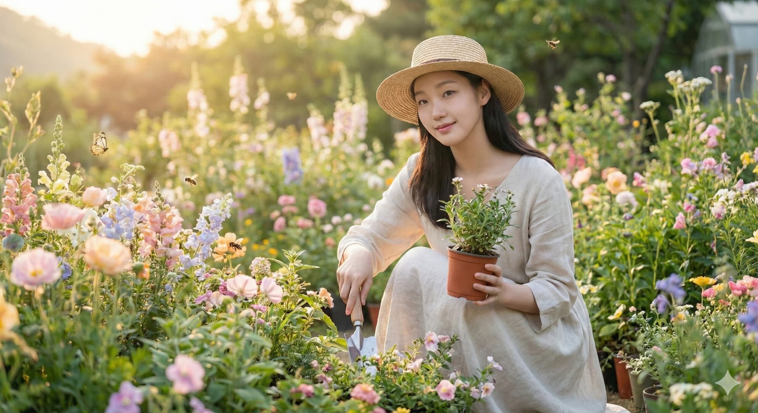 꽃이 만발한 정원을 평화롭게 가꾸는 여성, 유산균으로 비옥해지는 장 건강과 면역 시스템을 상징.