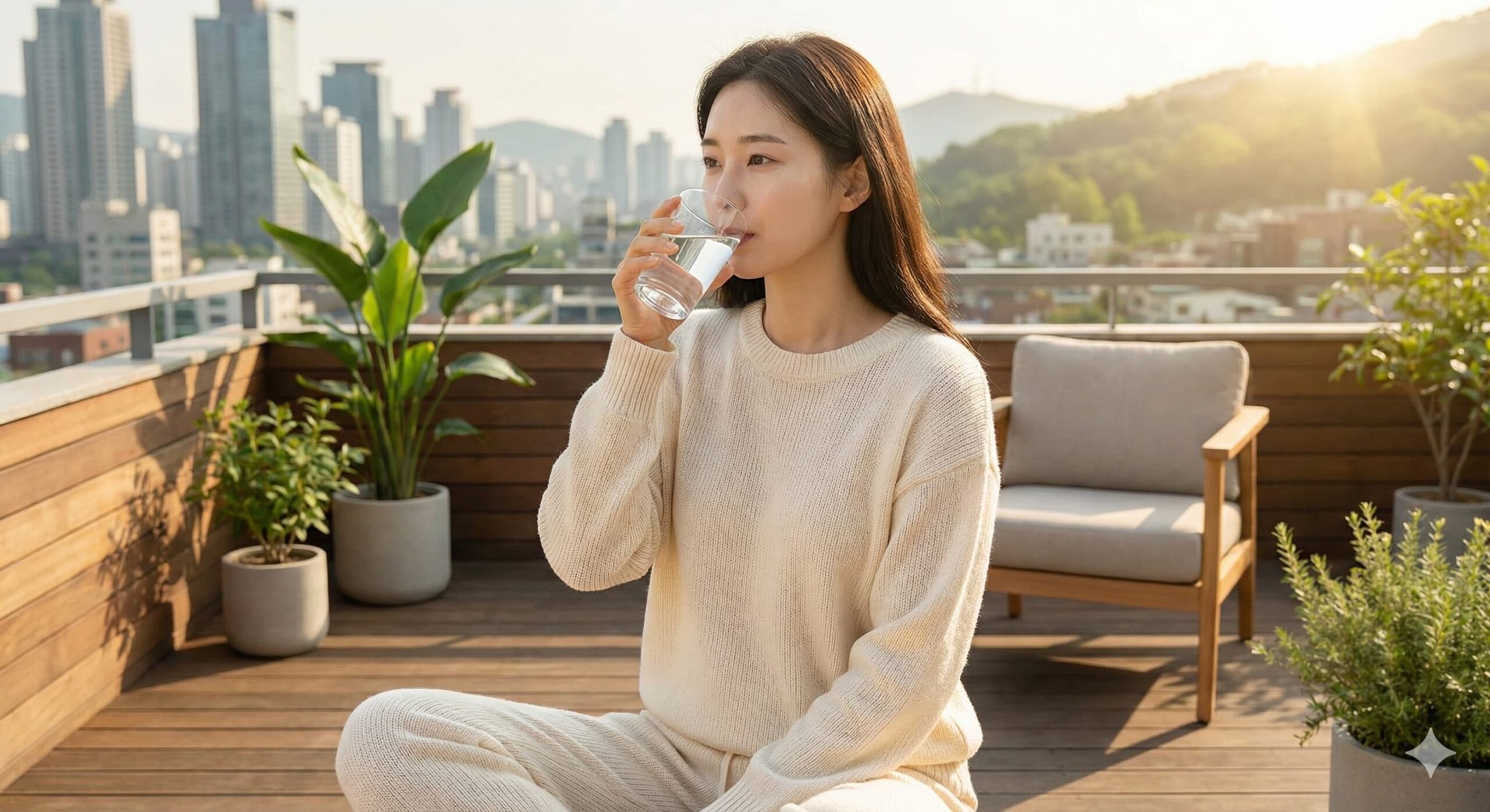 아침 햇살 속에서 물 한 잔을 마시는 상쾌한 여성, 매일 실천하는 영양제 섭취 루틴과 건강한 시작.