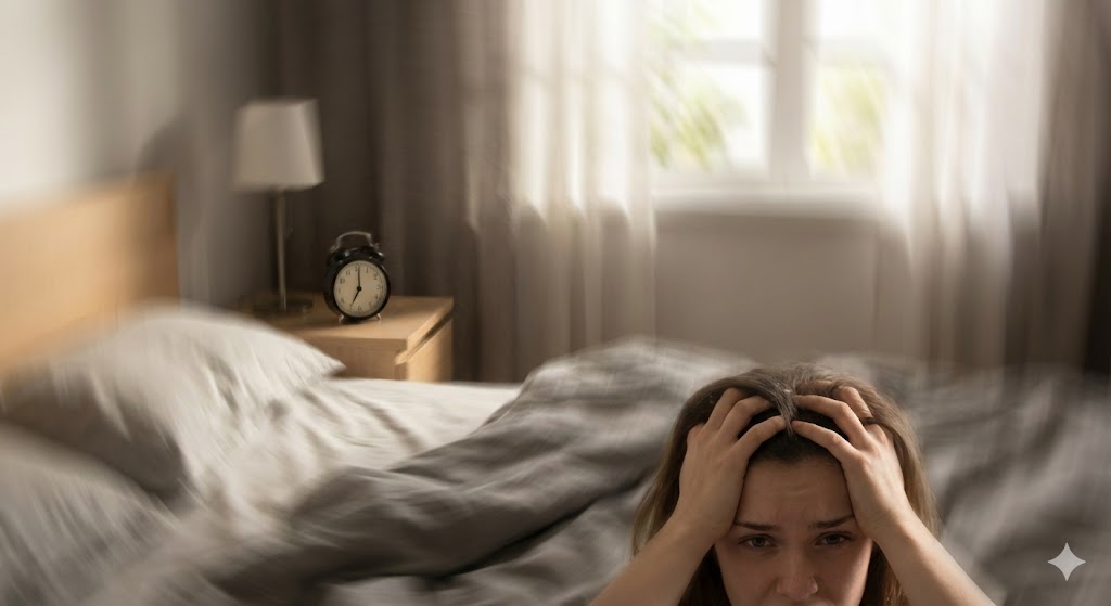 천장이 회전하는 듯한 극심한 현훈을 느껴 침대에서 머리를 감싸 쥐고 있는 이석증 환자의 초기 증상 시각화