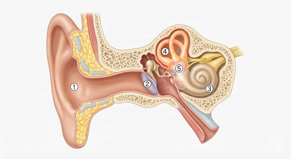 번호 1번부터 5번까지 표기된 사람 귀의 내부 해부도, 이석이 있는 전정기관과 반고리관의 위치 설명