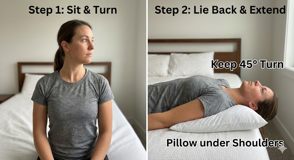 애플리법 자가 치료 시작 자세, 침대에 앉아 고개를 오른쪽으로 정확히 45도(1시 반 방향) 돌린 준비 동작