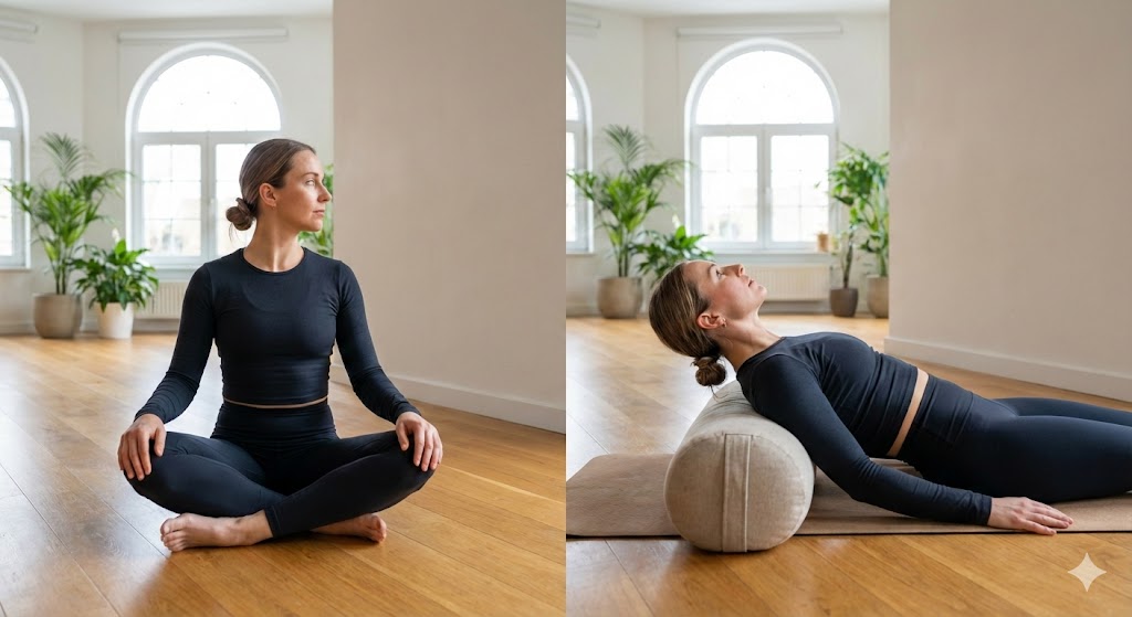 이석증 치료 애플리법 1단계 2분할 사진, 좌측은 앉아서 고개 45도 우측 회전, 우측은 고개 각도 유지하며 누운 자세