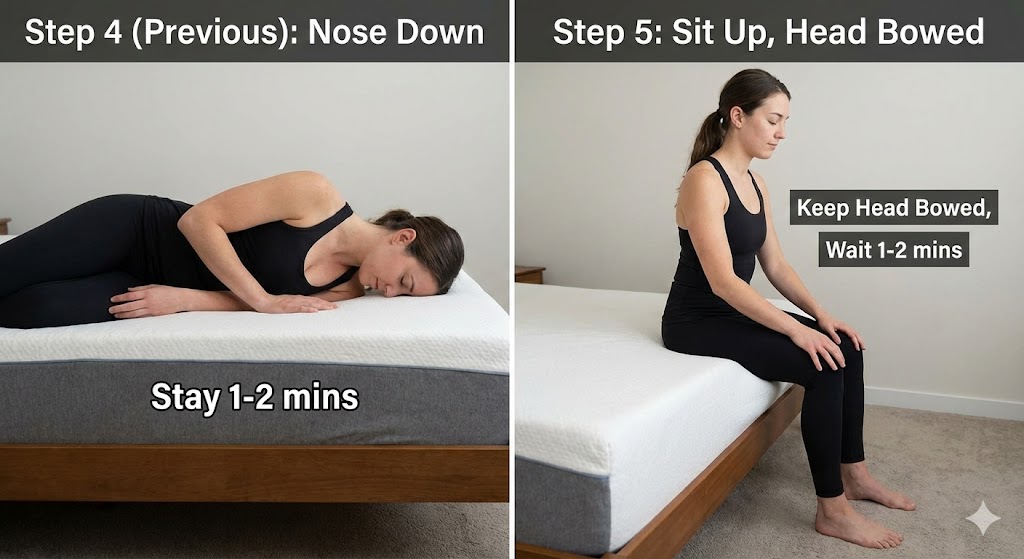 애플리법 2단계 연속 동작, 몸을 완전히 돌려 코가 침대 바닥을 향하게 한 후 유지하는 자세 (Nose down)