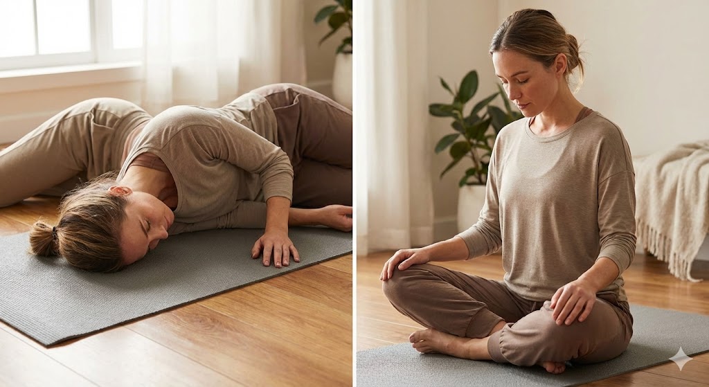 애플리법 마무리 3단계 2분할 사진, 좌측은 바닥 보는 자세, 우측은 침대에 앉아 고개 숙이고 안정 취하는 자세