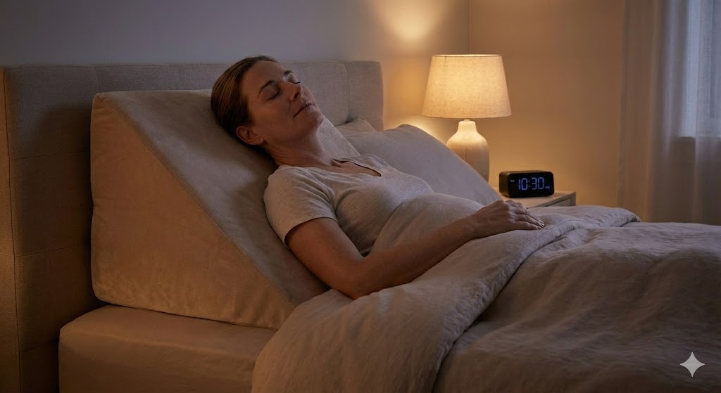 이석증 재발 방지를 위해 침대에서 등 뒤에 쿠션을 받치고 상체를 45도 세워 편안하게 잠든 여성