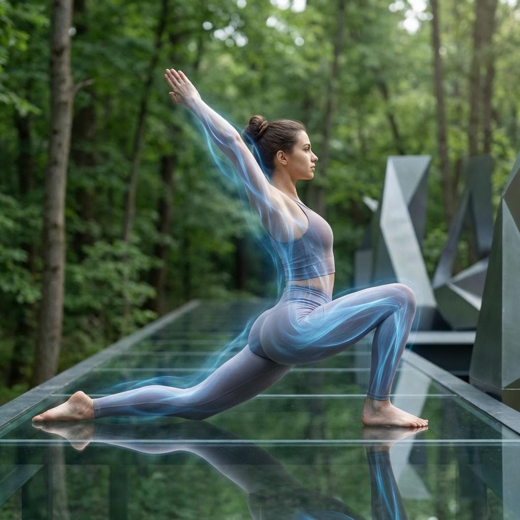 웅장한 자연를 배경으로 완벽한 자세의 전신 운동을 수행하는 역동적인 여성 모델