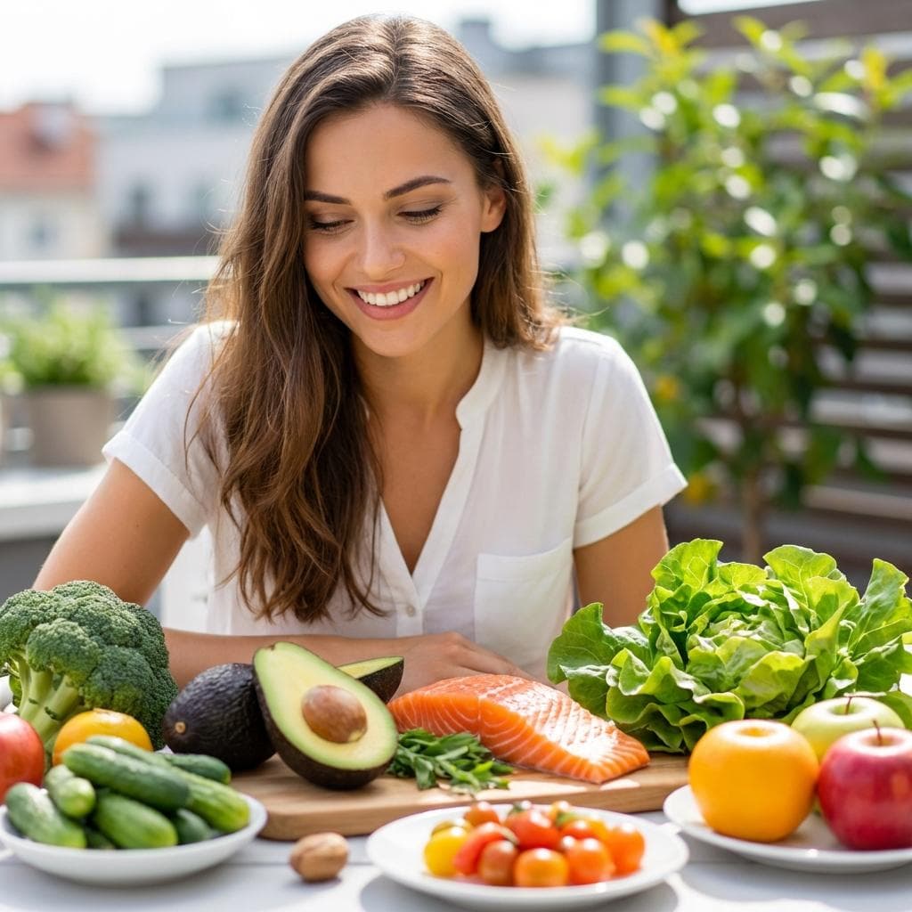 햇살 좋은 야외 테라스에서 신선하고 건강한 자연에서 나온 식단을 즐겁게 바라보는 여성 모델