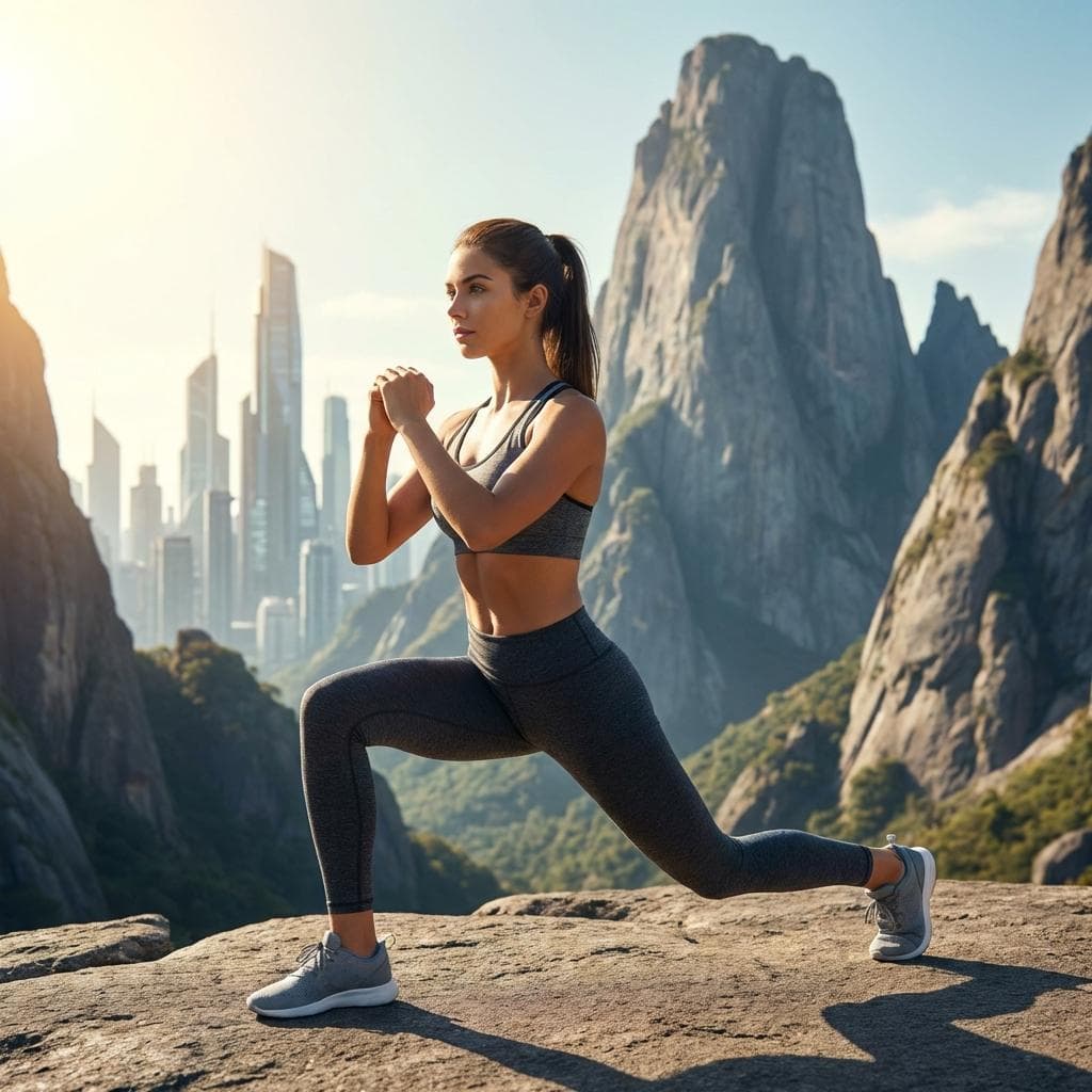 웅장한 자연과 미래 도시를 배경으로 완벽한 자세의 하체 운동을 수행하는 역동적인 여성 모델