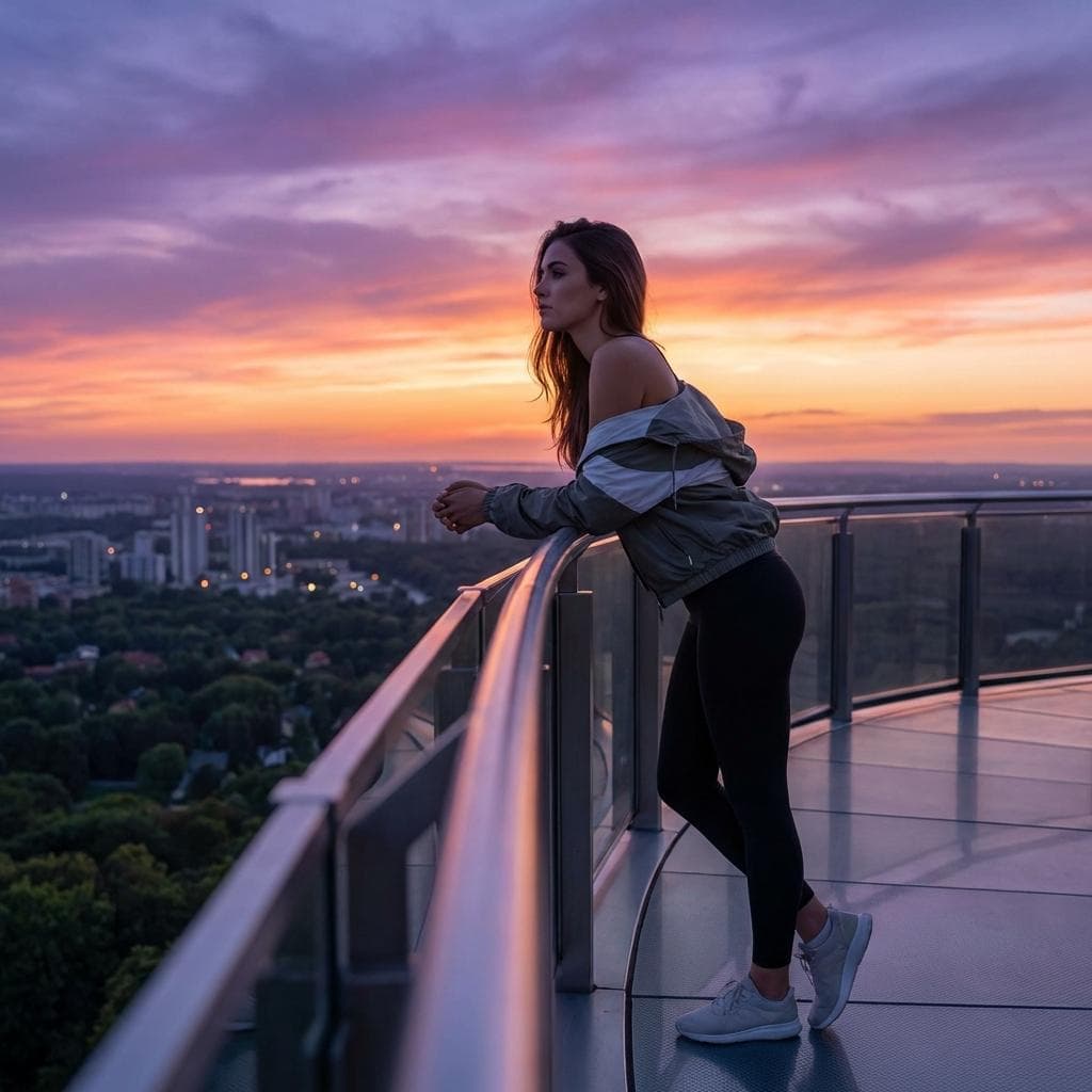 황혼이 지는 테라스에서 운동 후 편안하게 도시를 내려다 보며 휴식을 취하는 여성 모델
