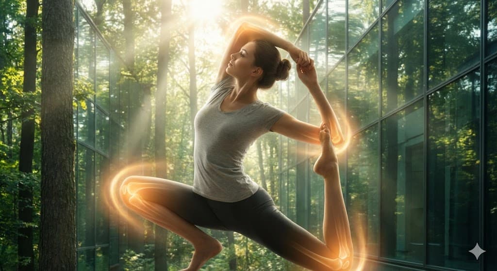 "관절 건강을 되찾아 유연하게 스트레칭하는 여성과 MSM 비타민C의 시너지 효과 상징 이미지"