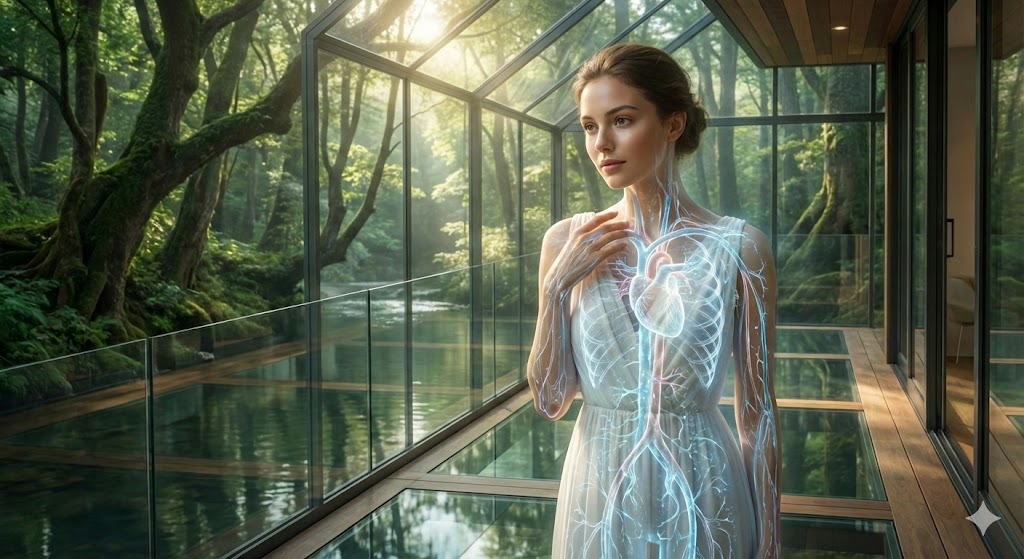 맑은 계곡물이 흐르는 숲을 배경으로 림프 순환으로 몸속의 독소가 정화되어 투명하게 빛나는 건강한 여성 모델