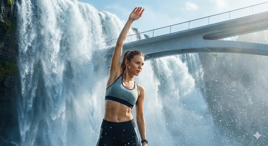 시원한 폭포를 배경으로 팔을 높이 들어 겨드랑이 림프절을 스트레칭 하는 활력 넘치는 여성 모델