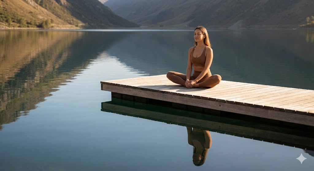 고요한 호수 위 데크에 앉아 서혜부 순환을 위한 나비 자세를 취하며 편안하게 이완 하는 여성 모델