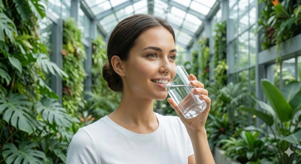 푸른 정원에서 맑은 물을 마시며 림프 순환과 수분 충전을 즐기는 생기 넘치는 여성 모델