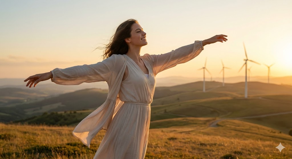 황금빛 노을이 지는 언덕에서 붓기가 빠진 가벼운 몸으로 바람을 느끼며 자유를 만끽하는 여성 모델