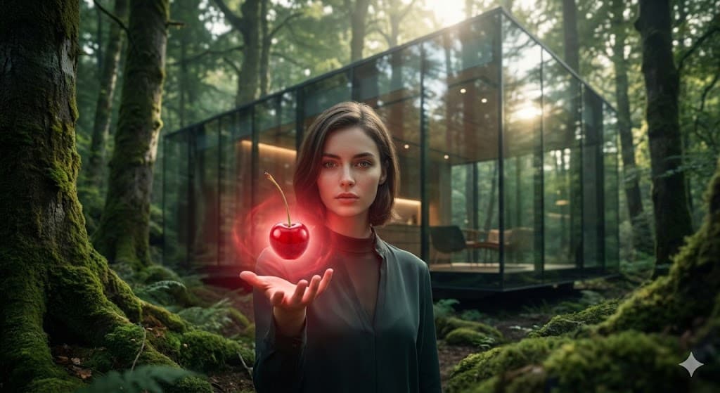 숲 속의 현대적인 건물 앞에서 빛나는 통풍에 좋은 타트체리를 손에 띄우고 있는 신비로운 여성 모델