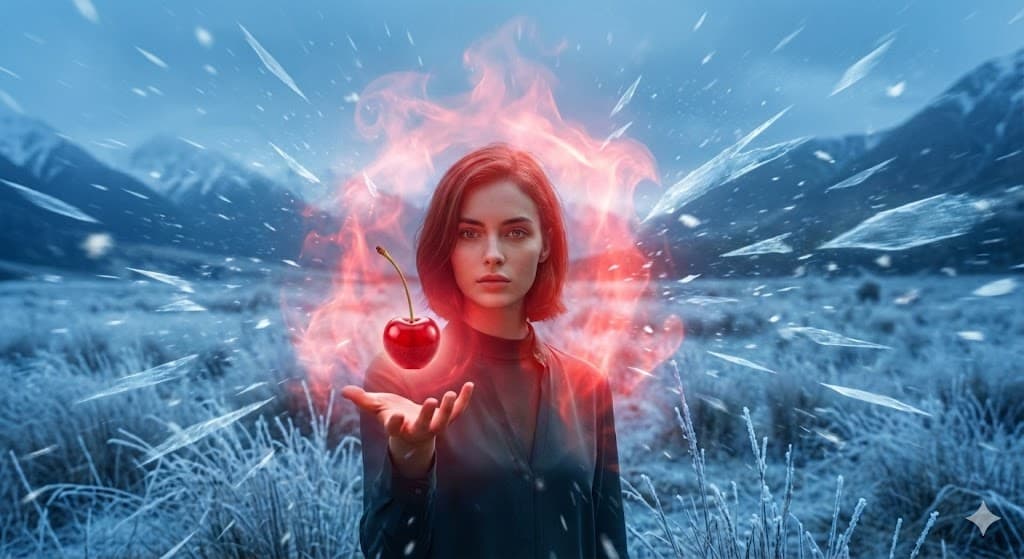 "지적이고 아름다운 미모의 젊은 여성 모델이 바람이 부는 푸른색 톤의 차가운 들판에 타트체리를 들고 서 있다."