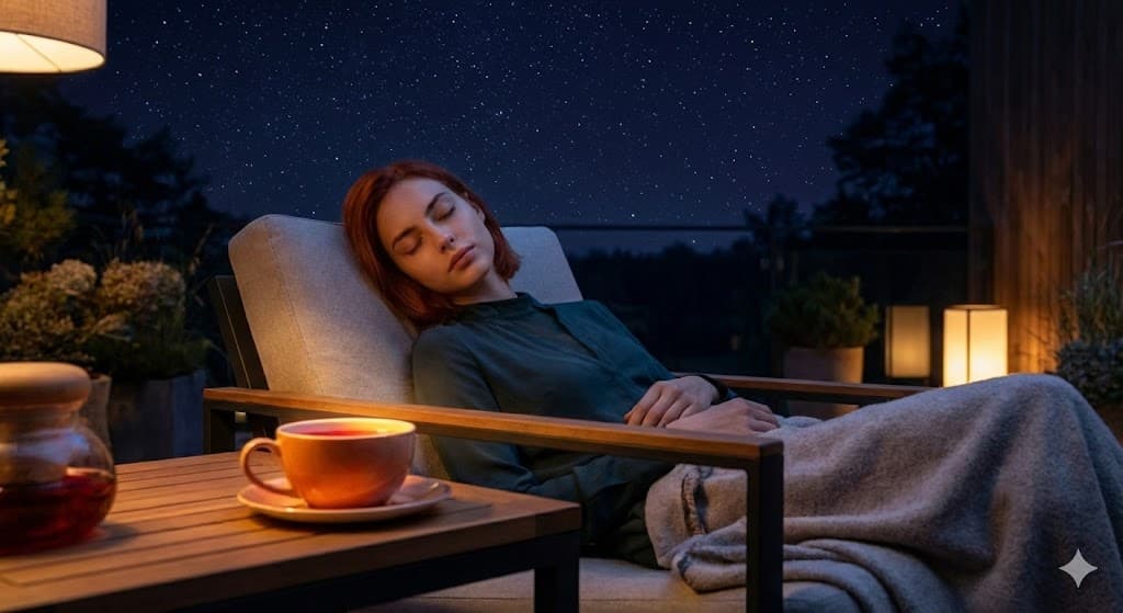 밤하늘에 별이 쏟아지는 야외 테라스, 편안한 현대식 라운지 의자에 앉아 깊은 잠에 빠진 지적이고 아름다운 미모의 젊은 여성 모델.