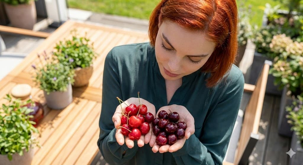 지적이고 아름다운 미모의 젊은 여성 모델이 양손에 서로 다른 체리를 들고 비교하고 있다.